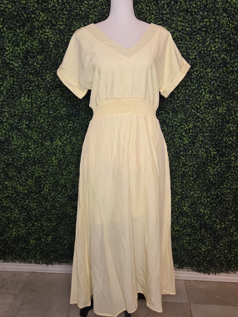 V-Neck Lined Short Sleeve Yellow Summer Maxi Dress Smocked Waist